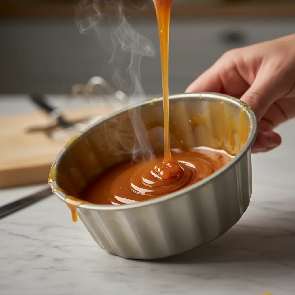 Caramelo dorado fundido cubriendo molde de flan, vapor ascendente, cocina cálida.