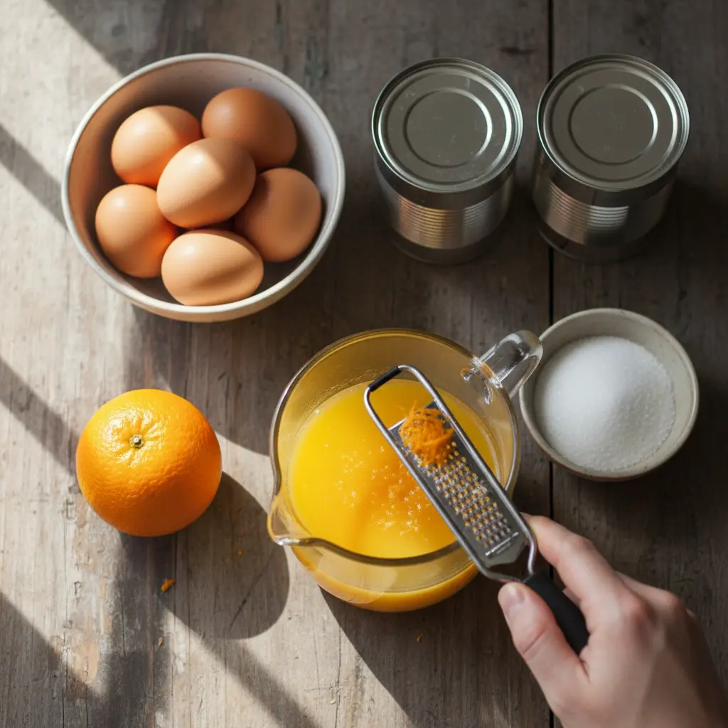 Ingredientes frescos para flan de naranja cubano: huevos, leches, naranja, azúcar. Vista cenital.