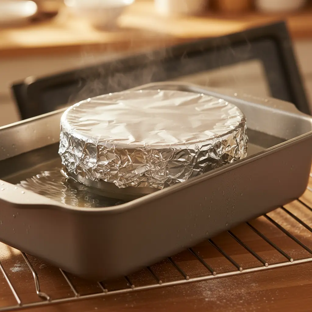 Molde de flan cubierto con aluminio en baño maría, listo para hornear.