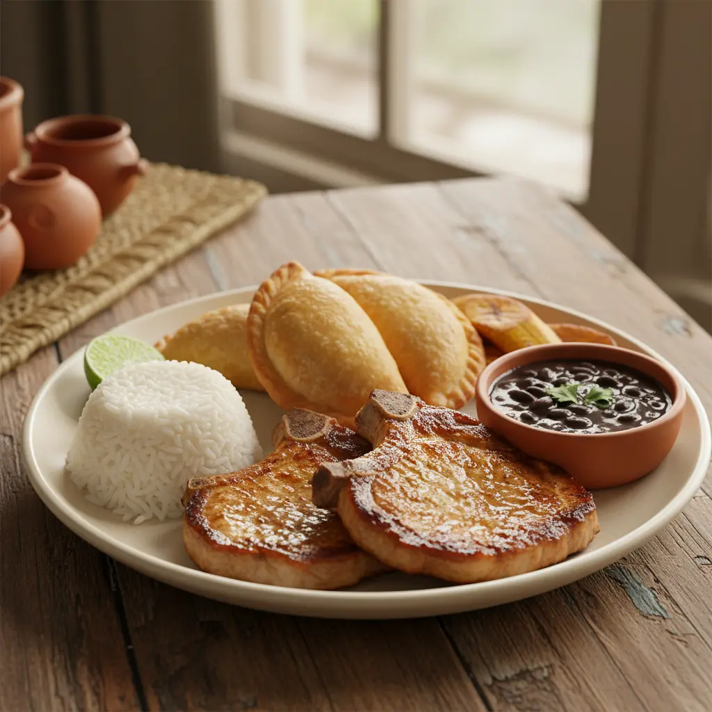 Plato cubano tradicional: Chuletas y empanadas Empanadas, chuletas de cerdo, arroz blanco y frijoles negros en plato cubano.