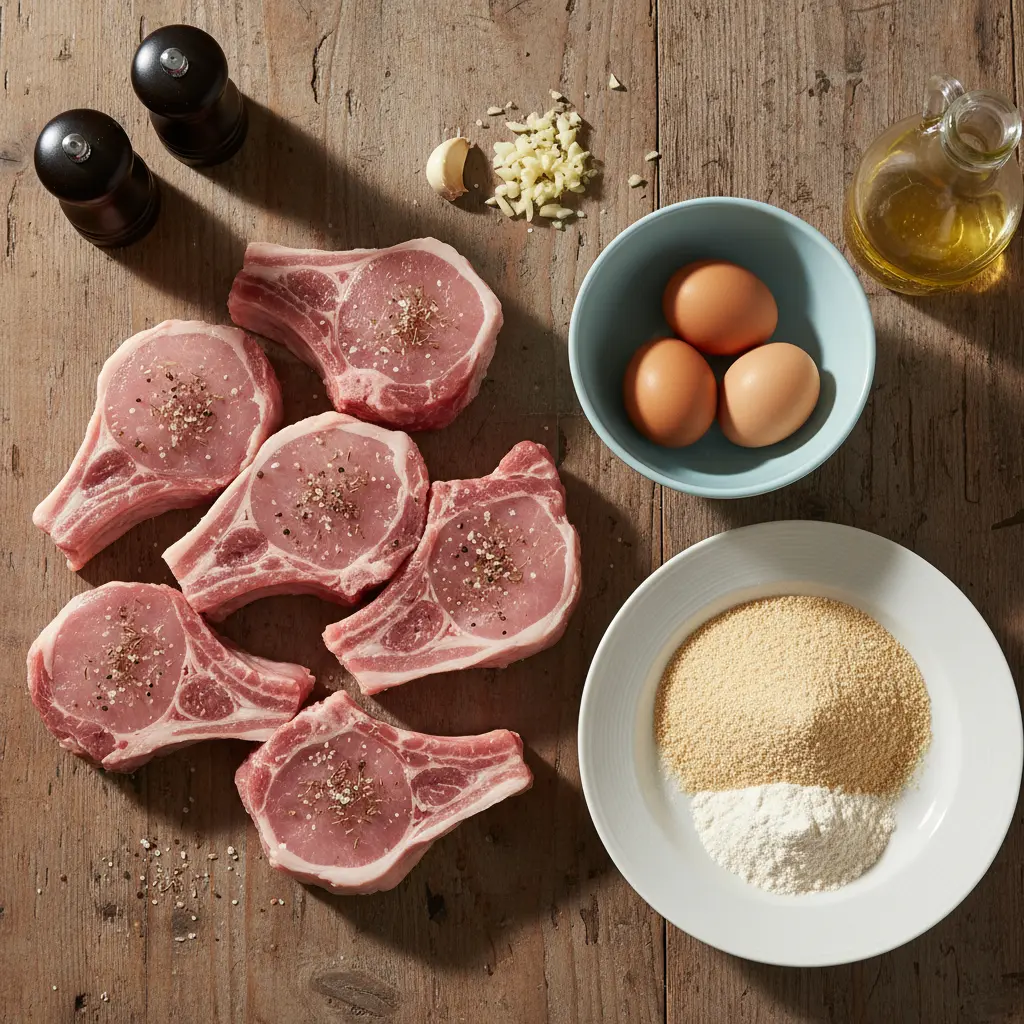 Ingredientes para Empanadas Cubanas Ingredientes crudos para empanadas cubanas: chuletas de cerdo, huevos, pan rallado, harina, ajo, comino.