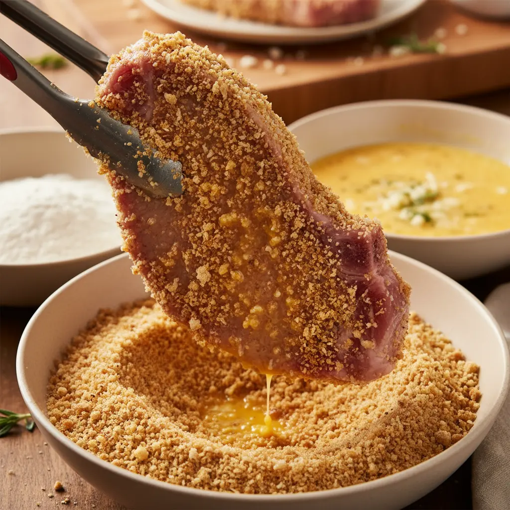 Chuleta de cerdo: ¡Paso a paso para empanar! Primer plano de chuleta de cerdo empanada con harina, huevo y pan rallado. Textura visible.