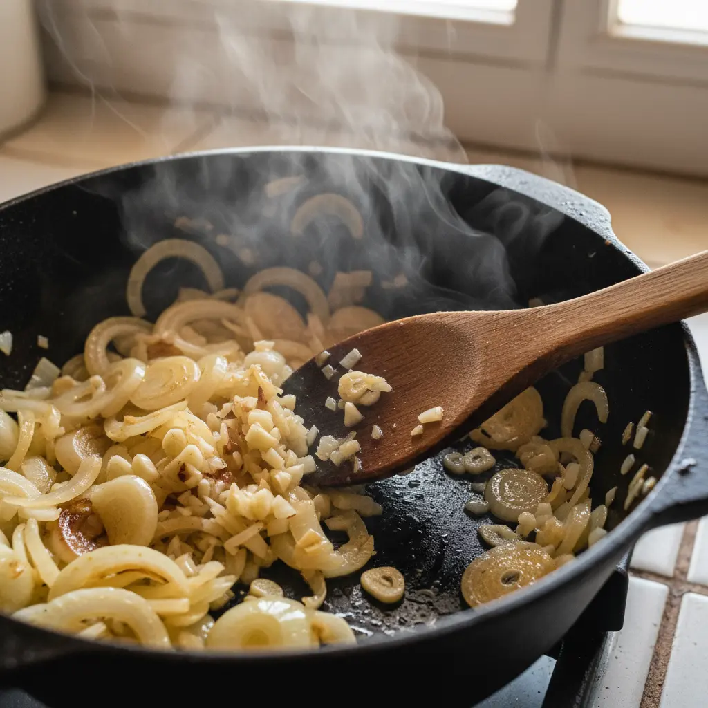 Cebolla y ajo dorándose en caldero cubano, con cuchara de madera y vapor.