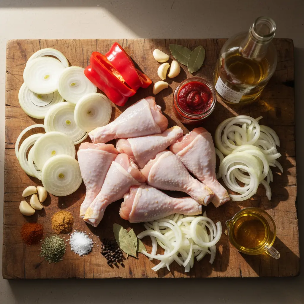Ingredientes frescos para Pollo Encebollado: pollo, cebolla, ajo, pimiento, tomate, vino, especias.