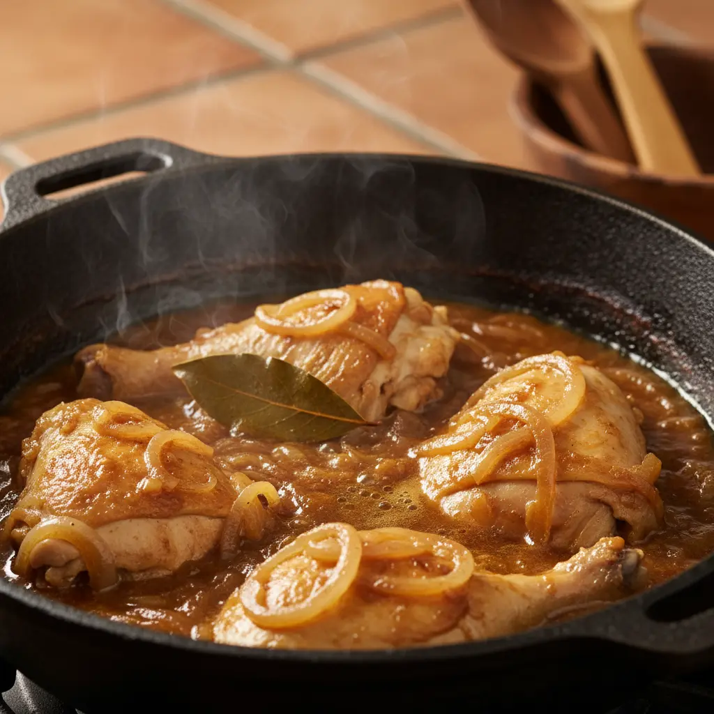 Pollo tierno en salsa dorada de cebolla en caldero cubano, cayendo del hueso.