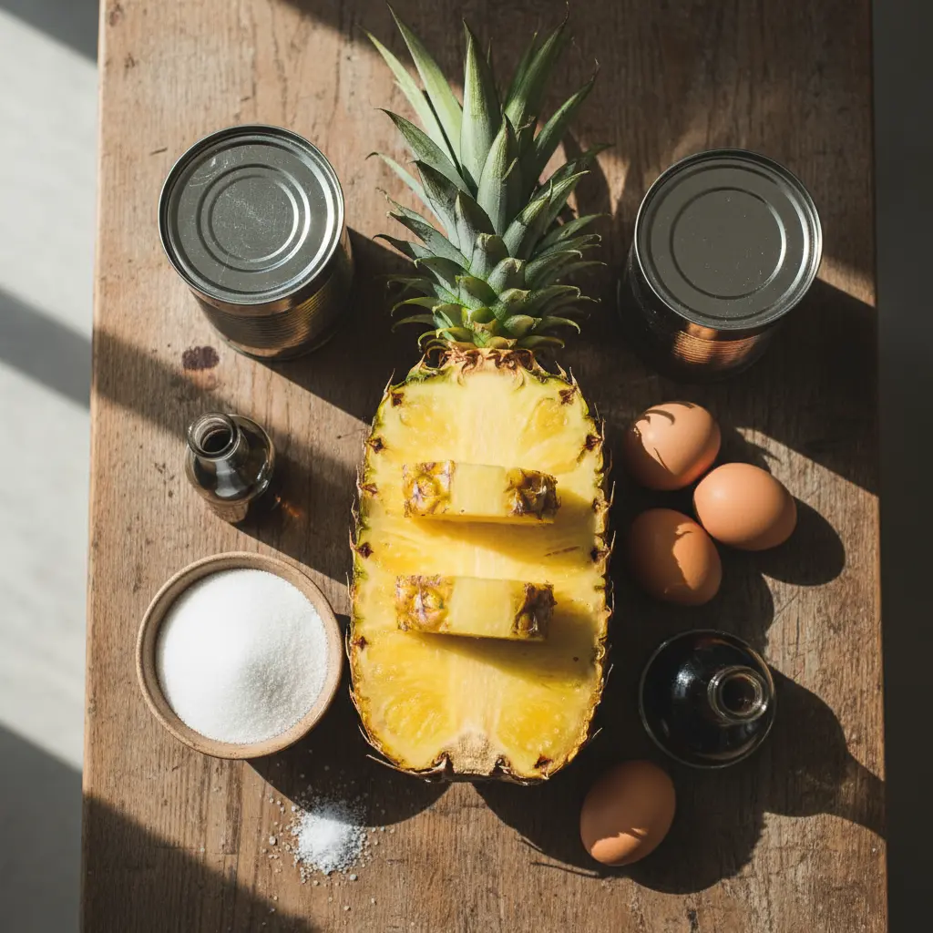 Ingredientes frescos para flan de piña cubano: piña, leche evaporada, leche condensada, huevos, azúcar, vainilla.