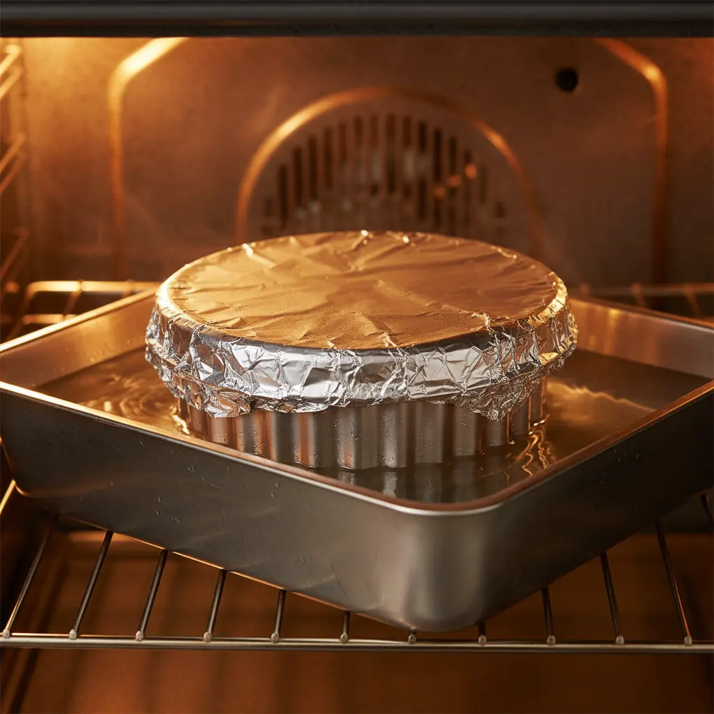 Molde de flan con piña en baño maría, listo para hornear suavemente.