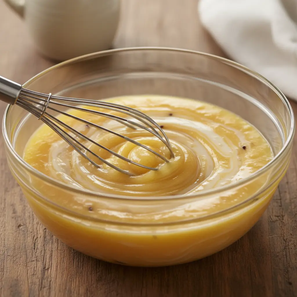 Puré de piña dorado y cremoso mezclándose para flan cubano en bol de vidrio.