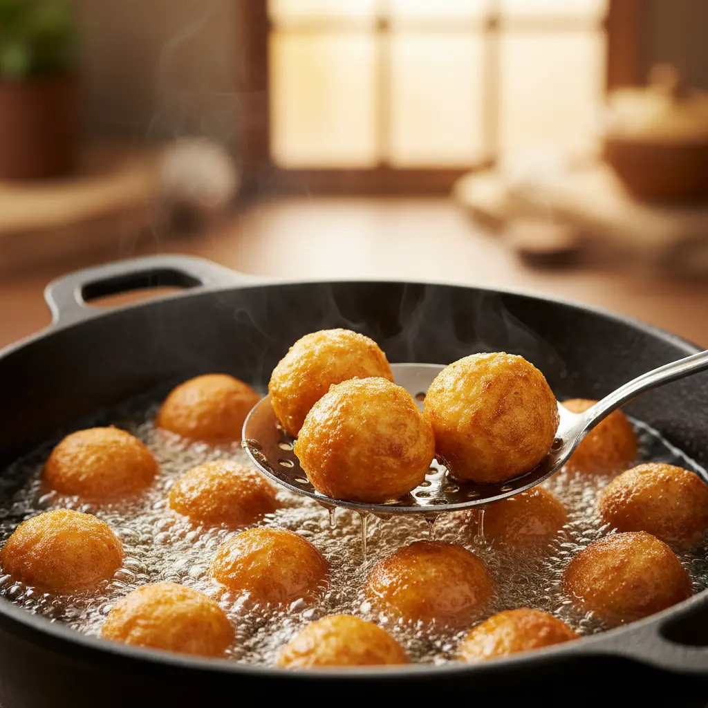 Bolas de queso doradas friéndose en aceite caliente en caldero negro, con burbujas y cuchara ranurada.