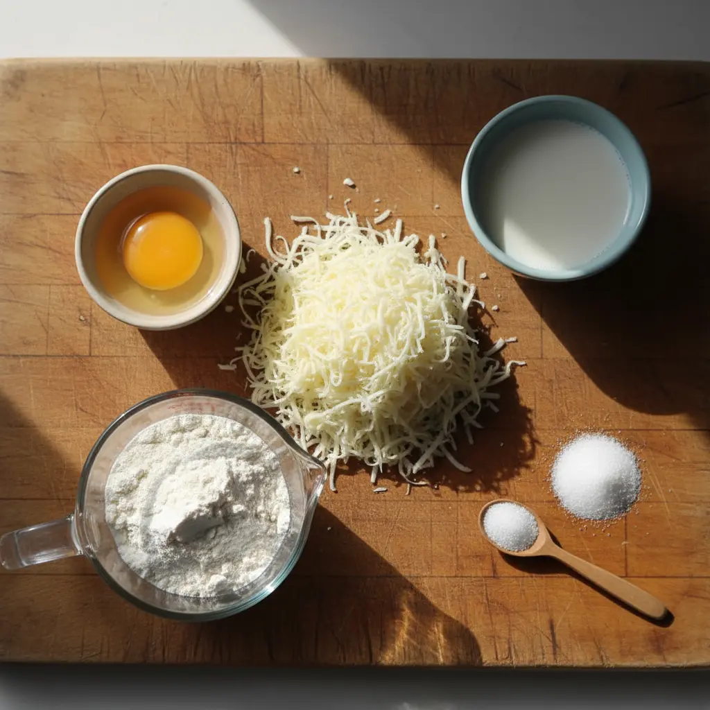 Ingredientes frescos para bolitas de queso cubano: queso blanco rallado, huevo, harina, leche, sal, azúcar.