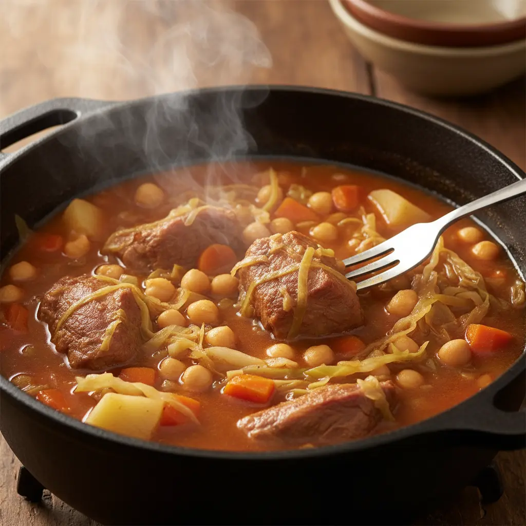 Caldo gallego cubano humeante en caldero, con cerdo tierno, garbanzos y vegetales.