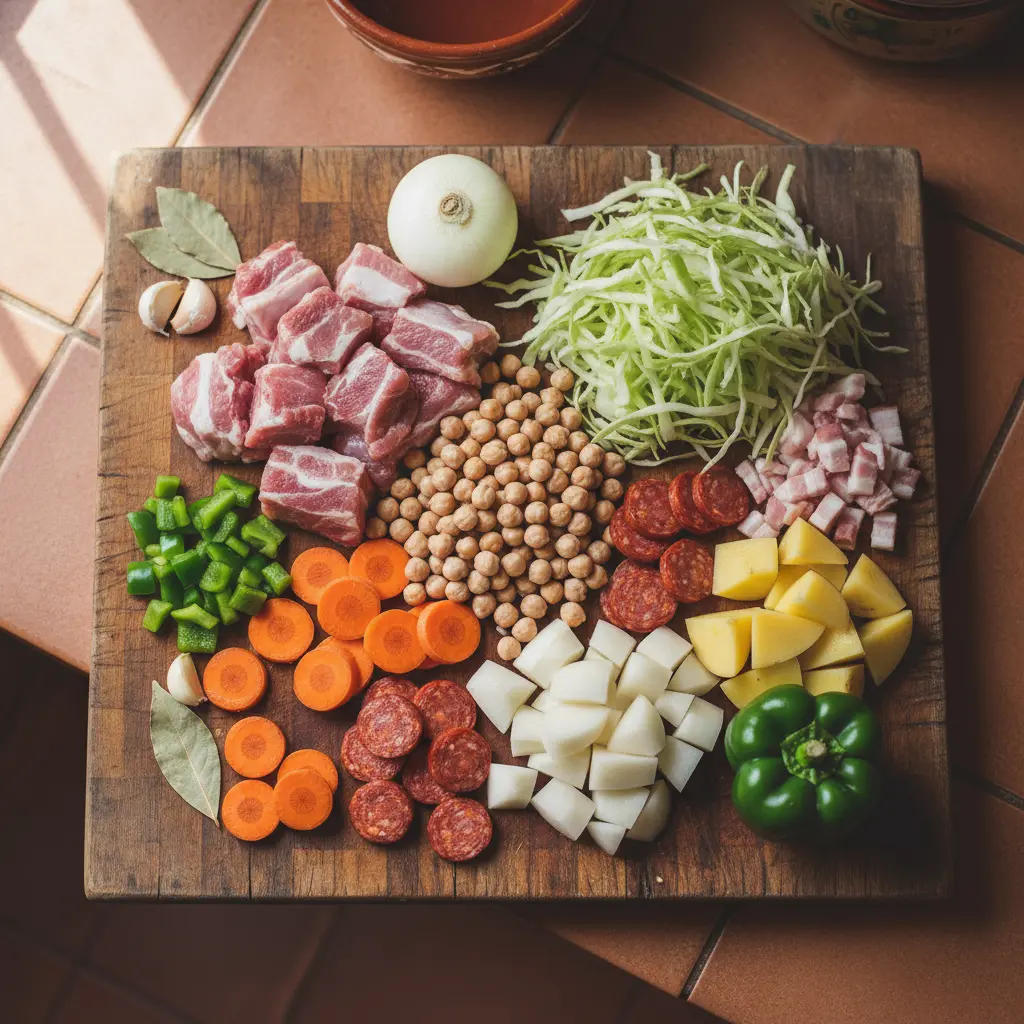 Ingredientes frescos para caldo gallego cubano: costillas de cerdo, garbanzos, repollo, patatas, zanahorias, cebolla, ajo, pimiento.