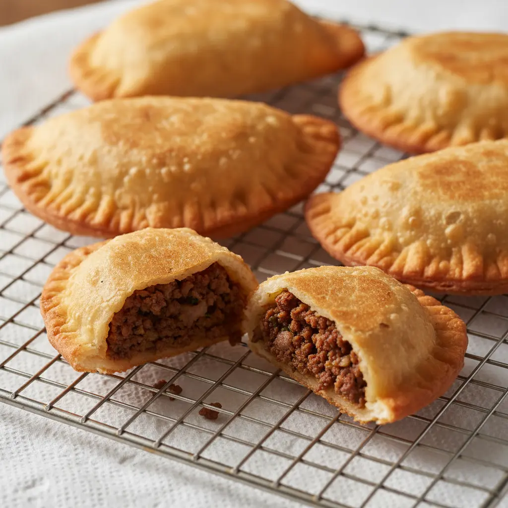 Empanadas de carne cubanas doradas y crujientes en rejilla, rellenas de carne sabrosa.