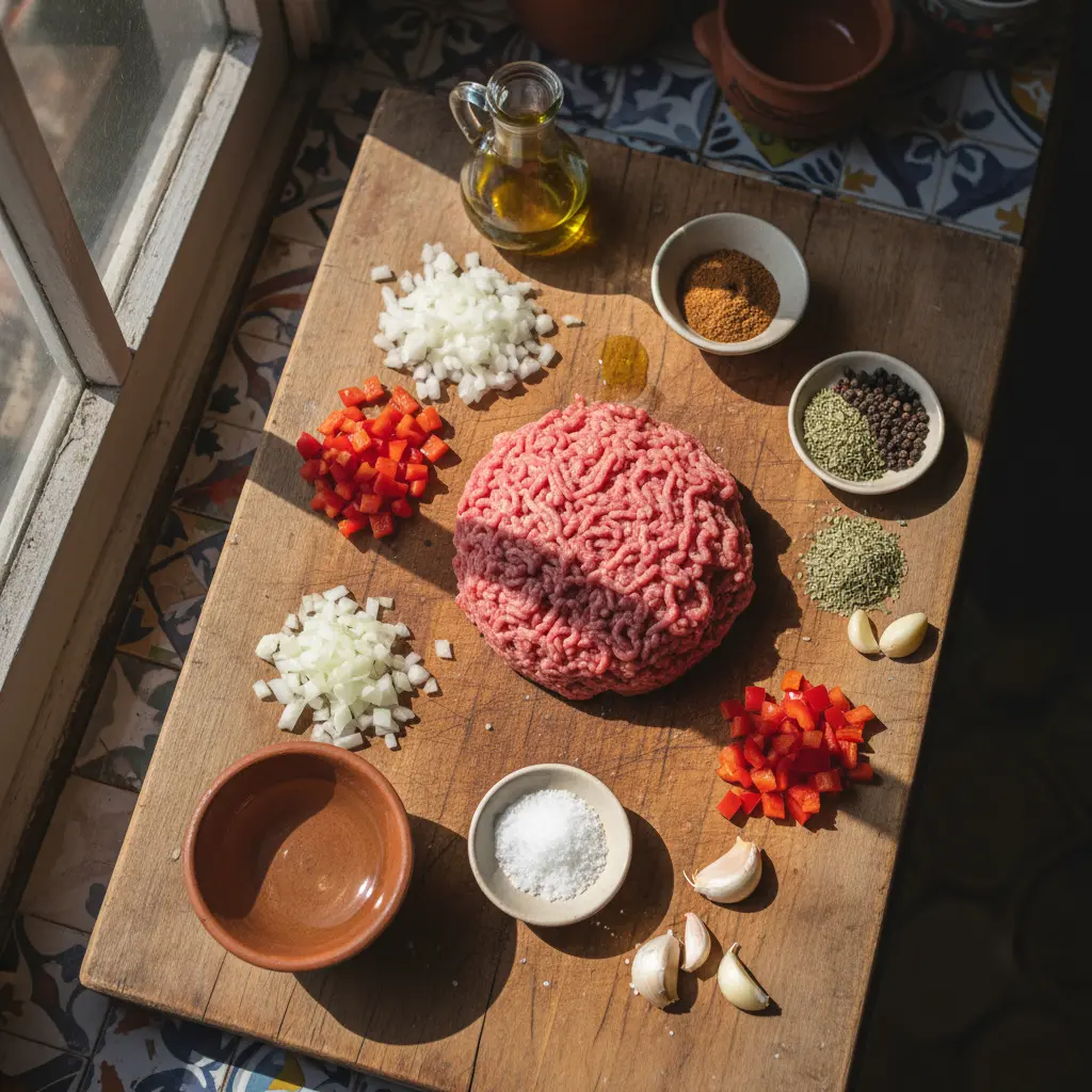 Ingredientes frescos para empanadas cubanas de carne: carne molida, cebolla, pimiento, ajo, especias, aceite.
