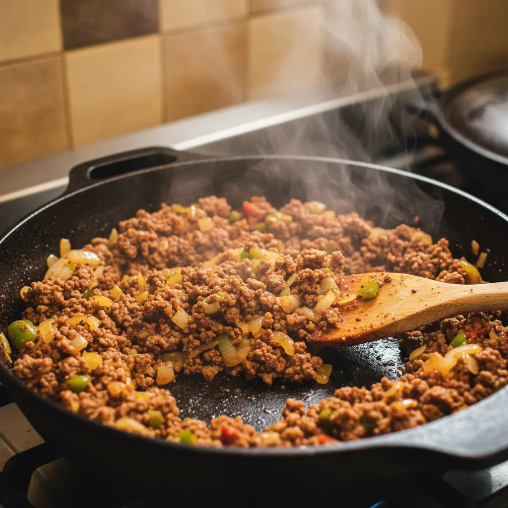 Relleno de empanada cubana de carne cocinándose en caldero, con vapor y especias.