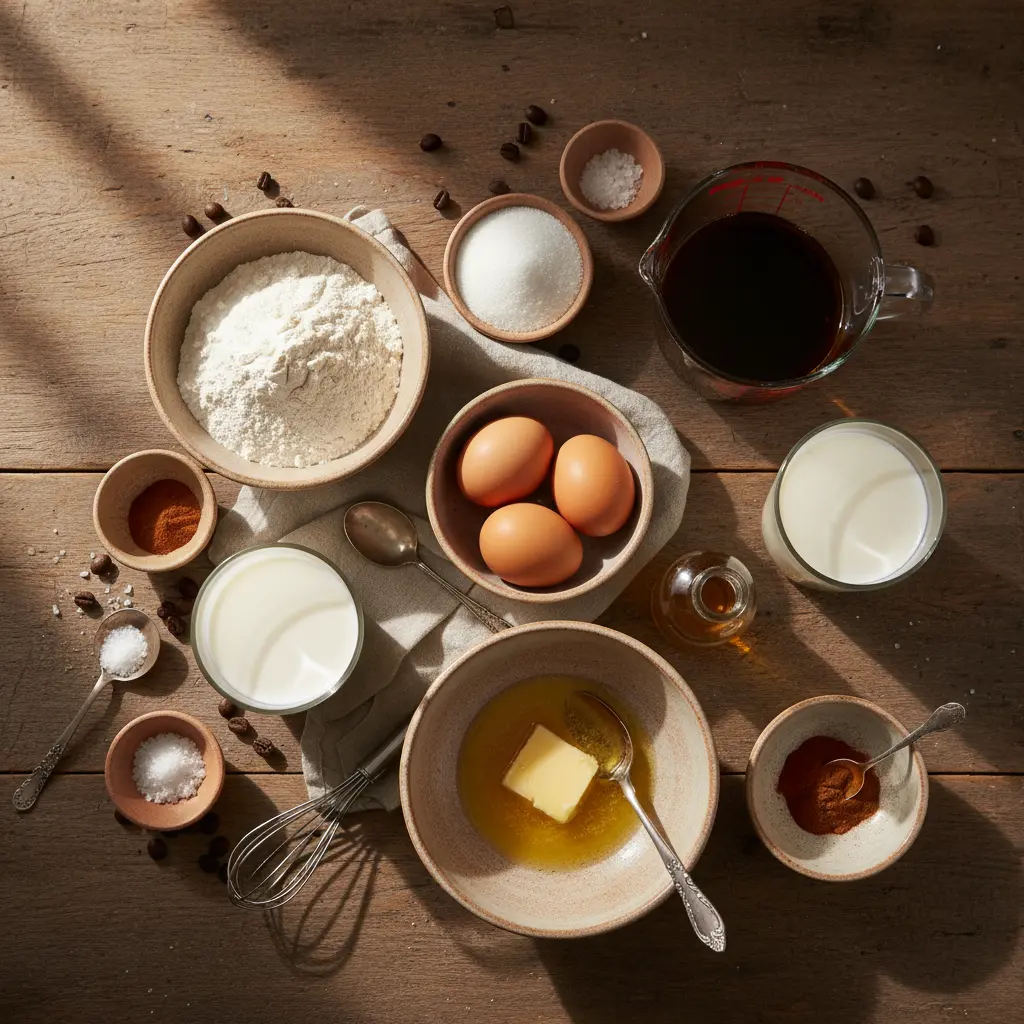 Ingredientes para bizcocho cubano: harina, azúcar, café, huevos, mantequilla, leche, especias.