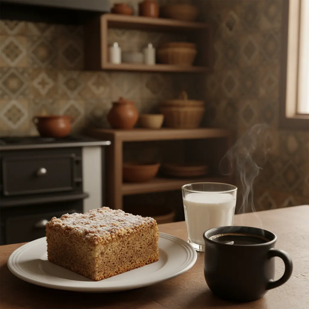 Rebanada de pastel de café con azúcar glas, café negro y leche en cocina cubana rústica.