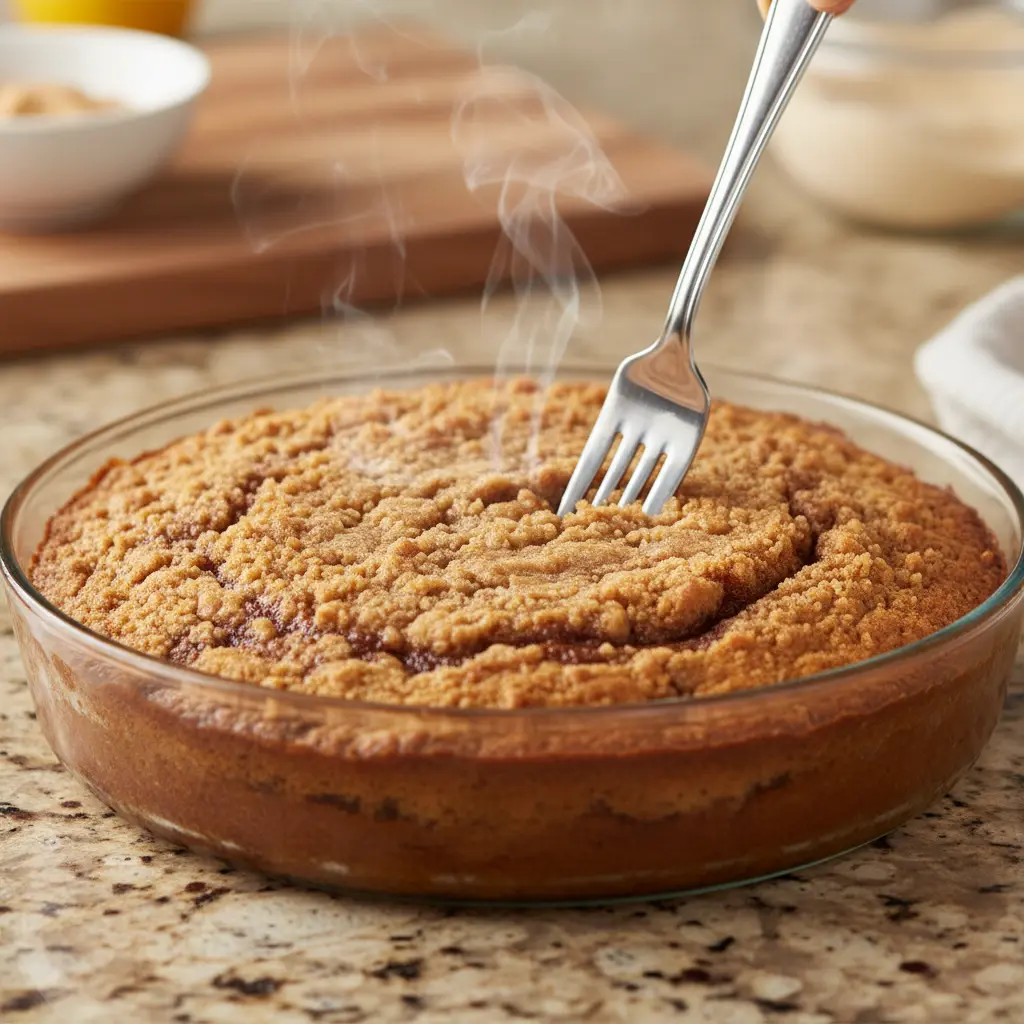 Tenedor prueba centro bizcocho café dorado en molde vidrio, vapor visible.