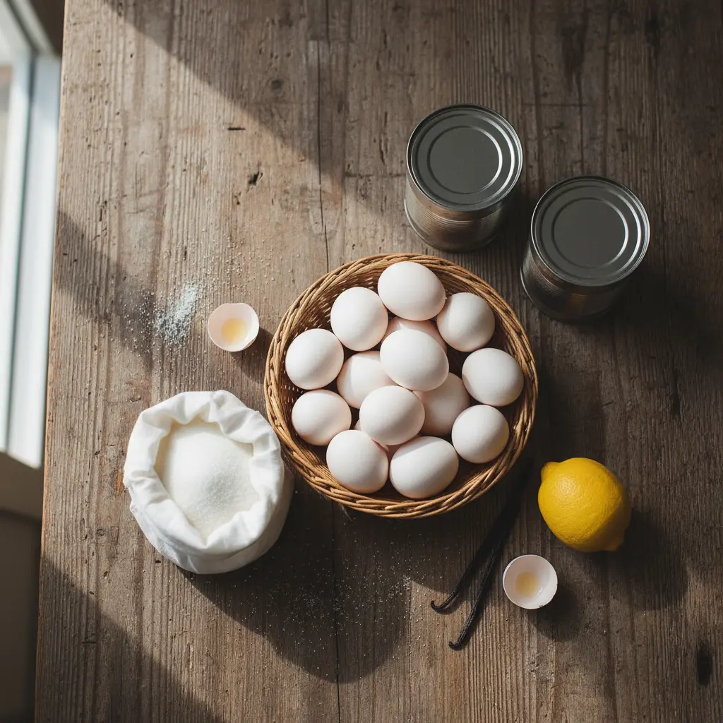 Ingredientes para auténtico flan cubano Ingredientes crudos para flan cubano: huevos, leche evaporada, condensada, azúcar, vainilla y limón.