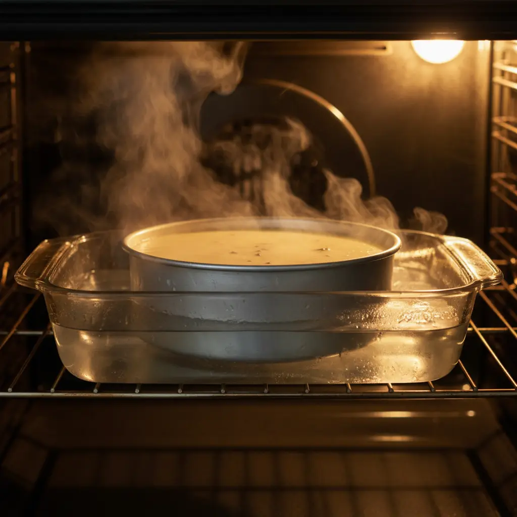 Flan: Técnica de Baño María en Horno Molde de flan en baño maría con agua caliente en horno precalentado.