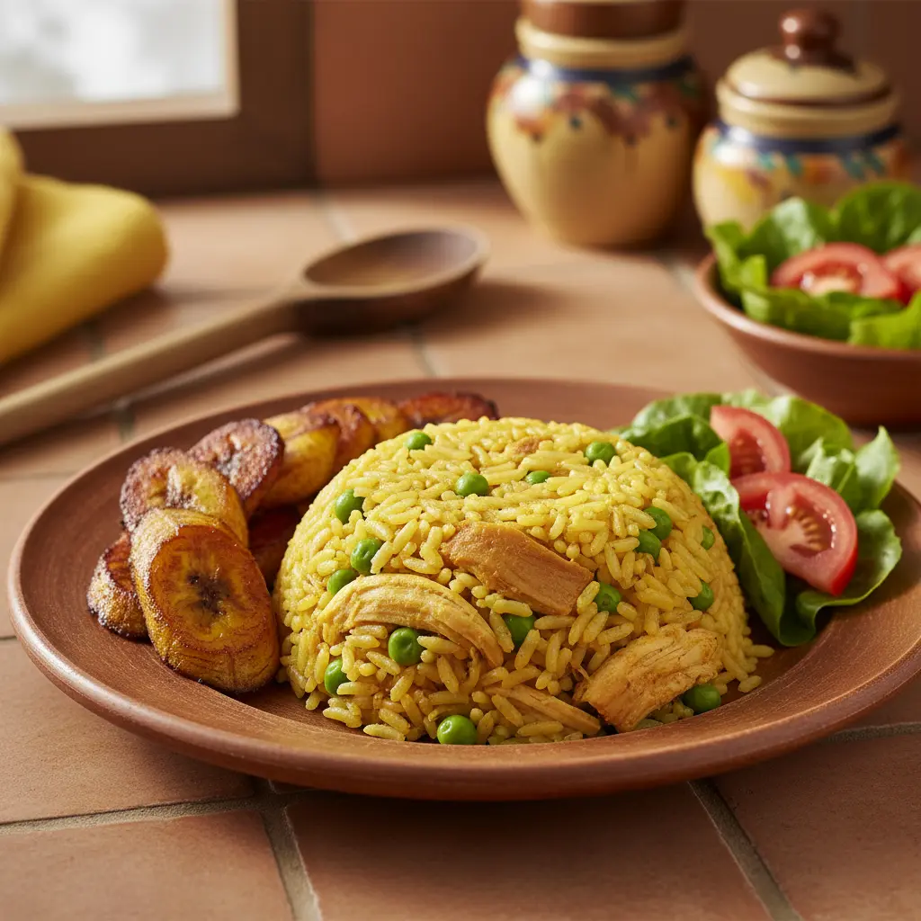 Arroz con pollo cubano con maduros y ensalada en plato rústico.