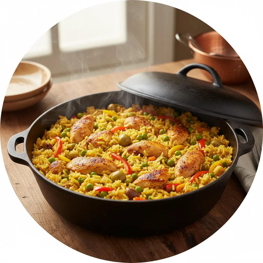 Arroz con pollo cubano esponjoso en caldero, con guisantes, pollo tierno y pimientos.