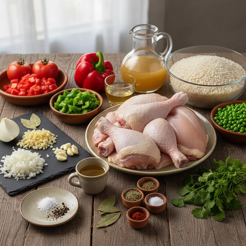 Ingredientes frescos para arroz con pollo dispuestos sobre una mesa.