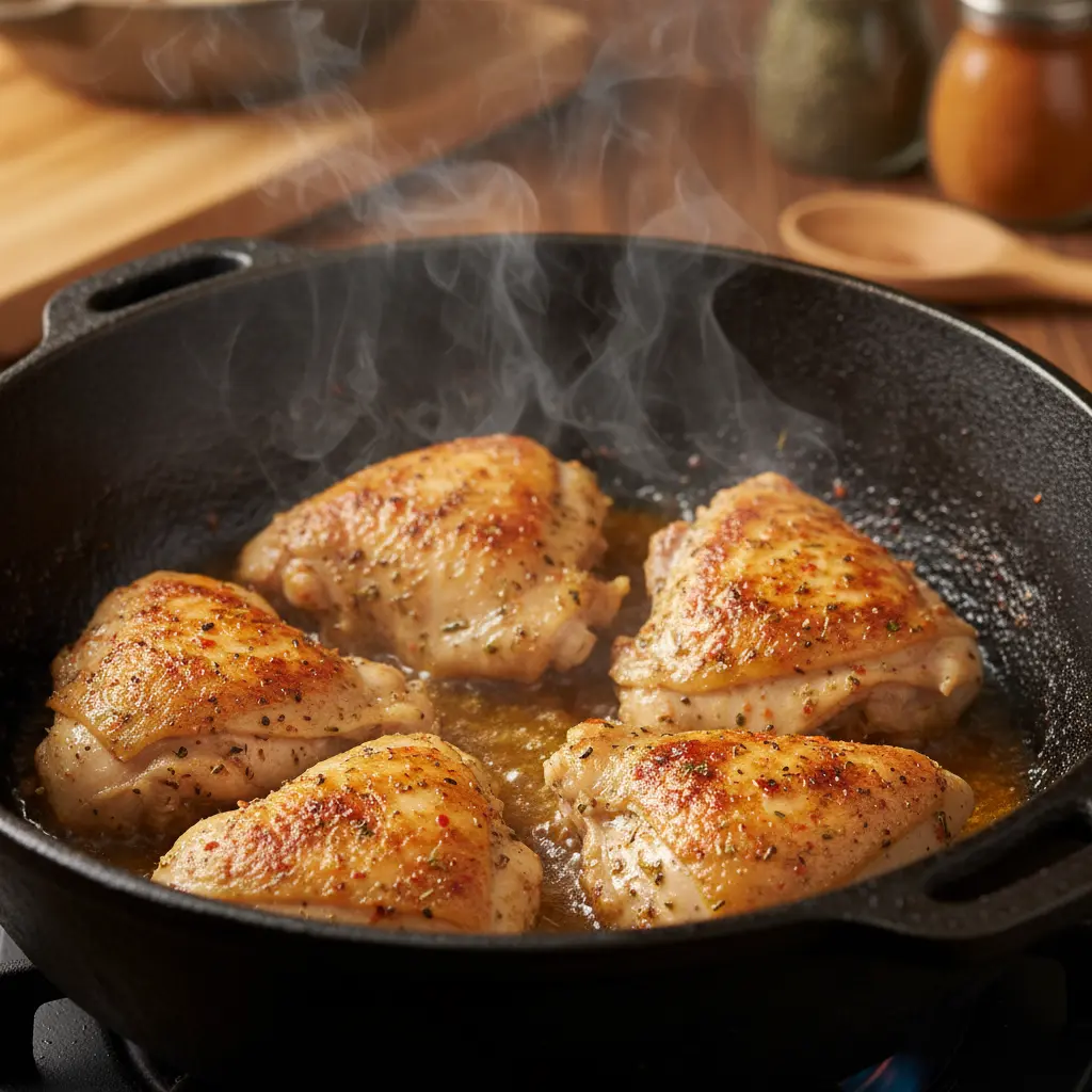 Pollo dorado y crujiente cocinándose en caldero cubano, con vapor y especias.