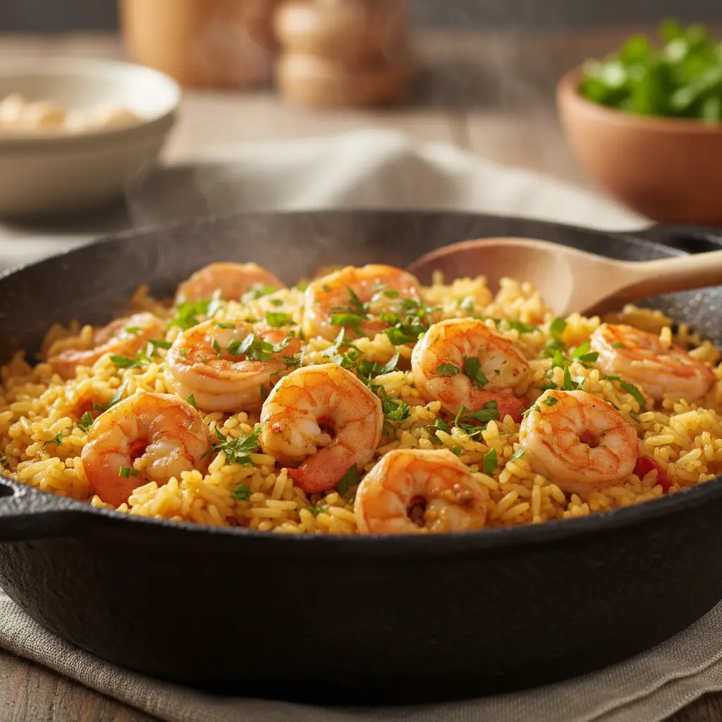 Auténtico Arroz con Camarones Cubano en Caldero Arroz con camarones marítima cubano en caldero, con arroz blanco suelto y camarones rosados. Decorado con perejil fresco.