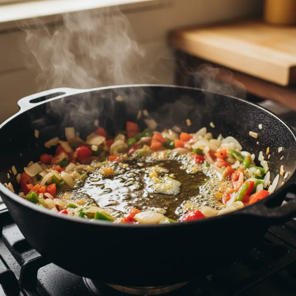 Sofrito cubano burbujeante en caldero Sofrito para arroz con camarones en caldero cubano: cebolla, pimientos y ajo.