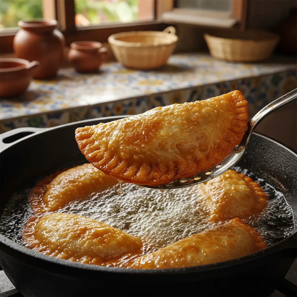 Empanadas de Maíz Cubanas Fritas Empanadas de maíz cubanas doradas y crujientes friéndose en aceite caliente.