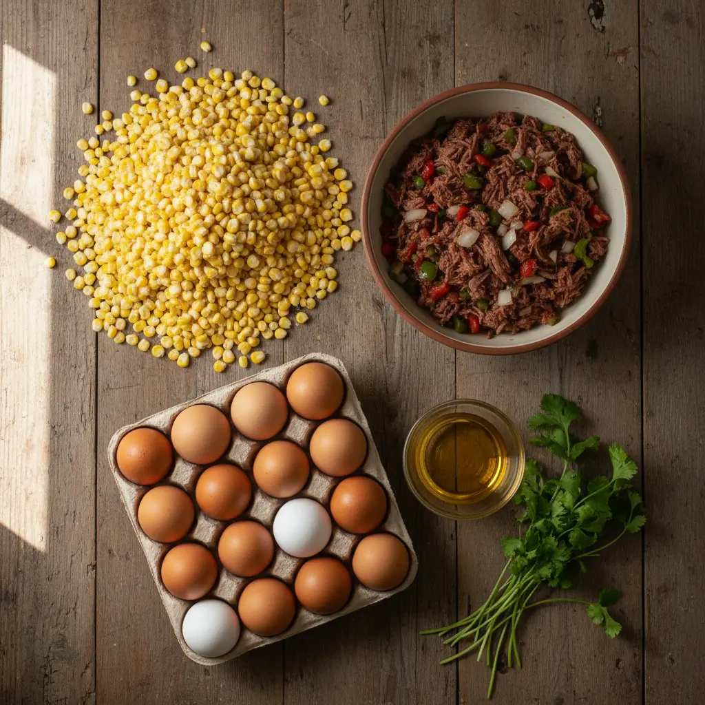 Empanadas de Maíz Cubanas: Ingredientes Frescos Ingredientes frescos para empanadas de maíz cubanas: maíz, carne deshebrada, pimientos, cebolla, huevos, aceite, cilantro.