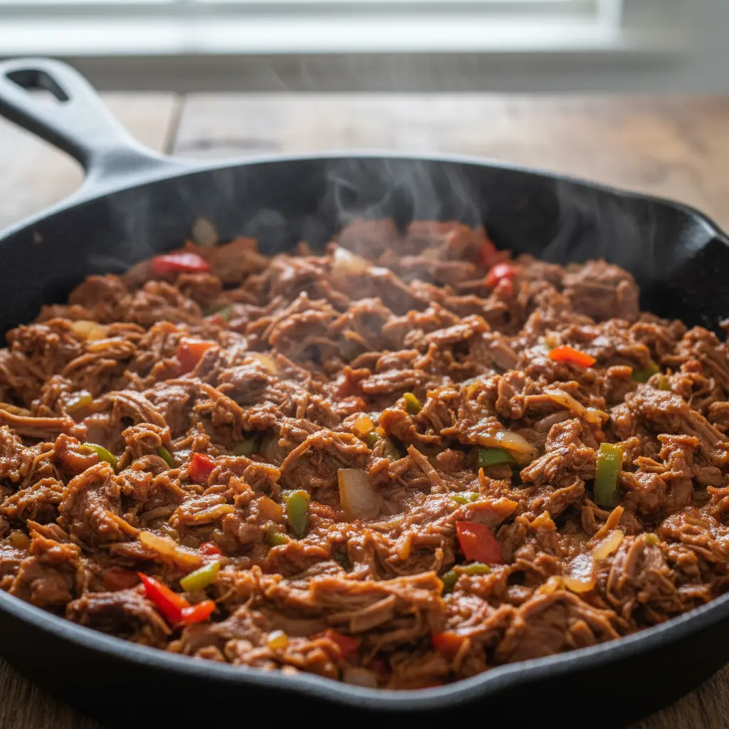 Relleno cubano de res para empanadas de maíz Relleno cubano de res para empanadas de maíz, jugoso y aromático, en sartén.