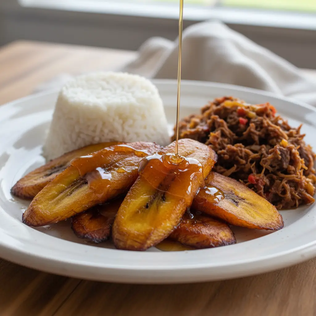 Maduros, Ropa Vieja y Arroz: Plato Cubano Delicioso Maduros fritos dorados con arroz blanco y ropa vieja, servidos en plato rústico.