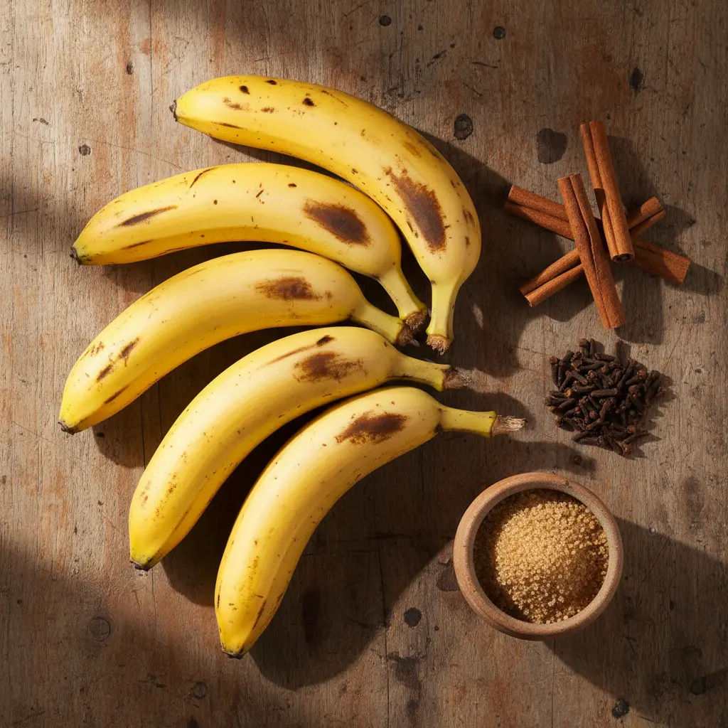 Plátanos dulces con especias y azúcar Plátanos amarillos maduros con canela, clavo y azúcar moreno en mesa rústica.