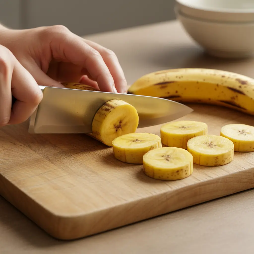 Cortando plátanos maduros en rodajas Plátanos amarillos maduros cortados en rodajas gruesas y uniformes (2-3 cm) sobre tabla de madera.