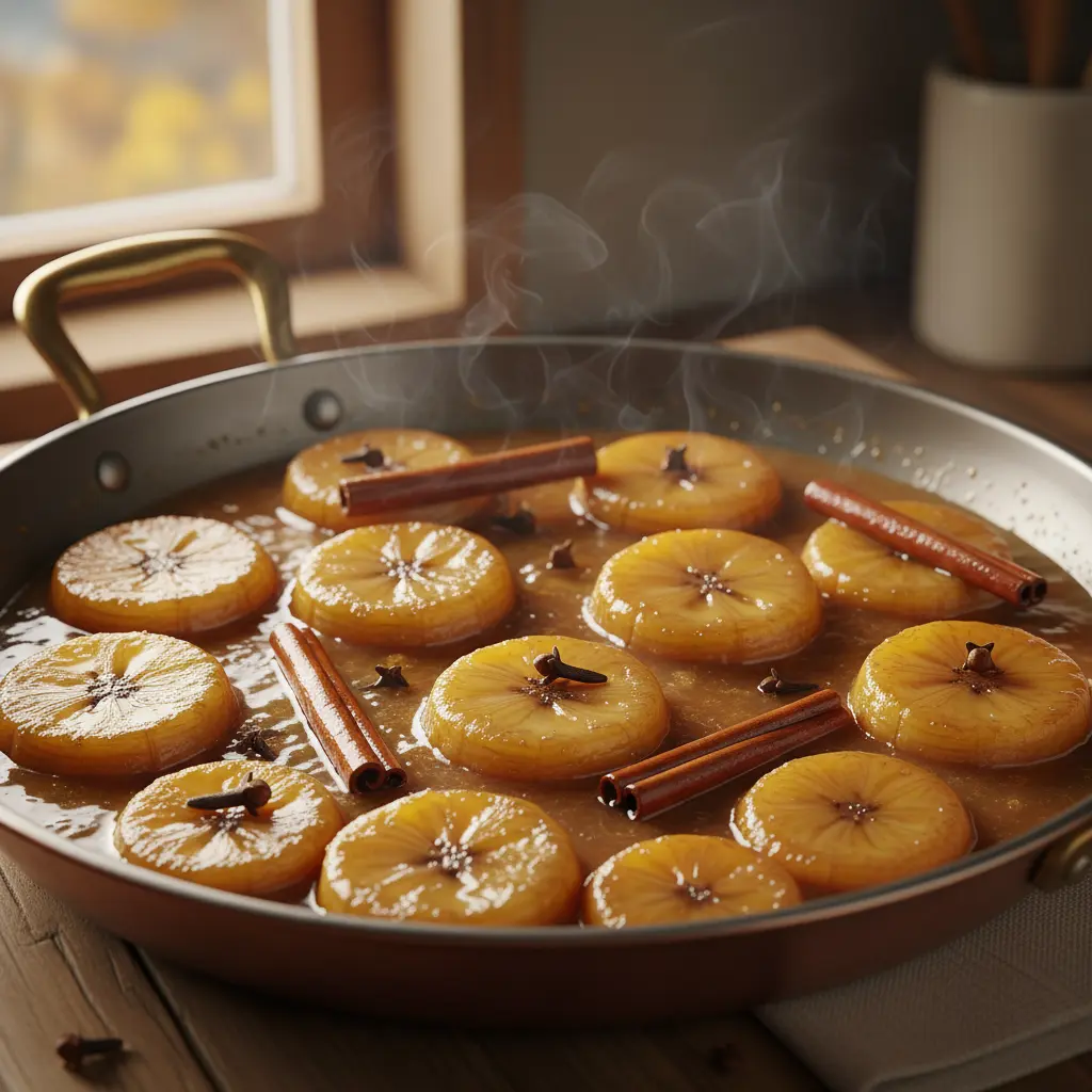 Plátano en almíbar: dulce y especiado Rodajas de plátano maduro cocinándose en almíbar ámbar con canela y clavo.