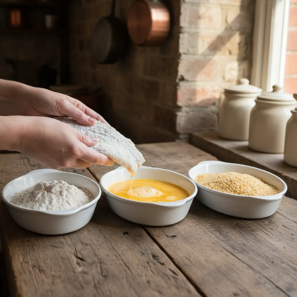 Manos enharinan pescado crudo, preparándolo para empanar en huevos y pan rallado.