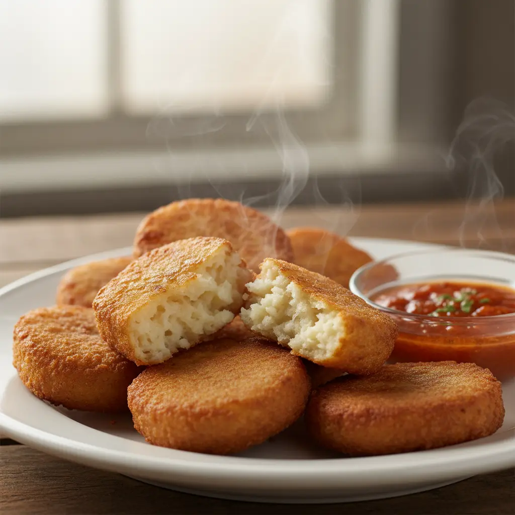 Buñuelos de Papa Cubanos: Crujientes y Deliciosos Buñuelos de papa cubanos recién fritos, dorados y esponjosos, con salsa.