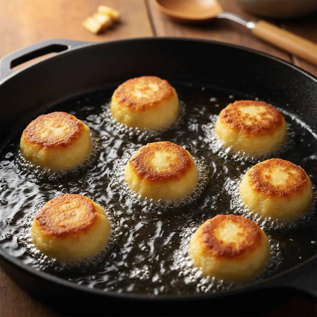 Buñuelos de Papa Fritos: ¡Acción en la Cocina! Buñuelos de papa dorados friéndose en aceite caliente, burbujeando suavemente.