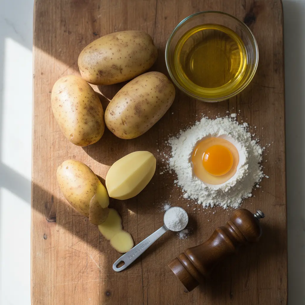 Ingredientes para Buñuelos de Papa Ingredientes frescos para buñuelos de papa: papas, huevo, harina, levadura, sal, pimienta y aceite.