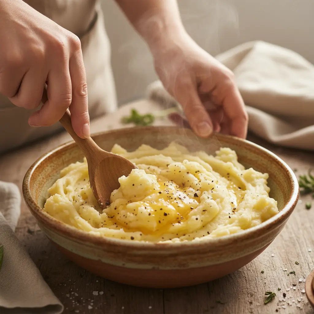 Preparando puré de patatas casero Manos mezclando puré de patatas con huevo, sal y pimienta en bol rústico.