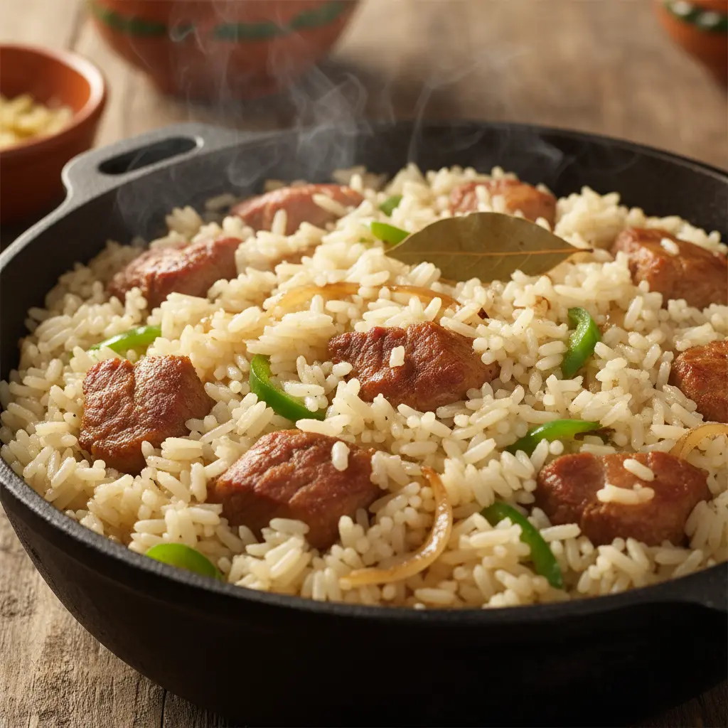 Arroz con Carne de Puerco Cubano: Sabor Casero Arroz con carne de puerco cubano en caldero, con arroz blanco, cerdo tierno, pimiento y cebolla.