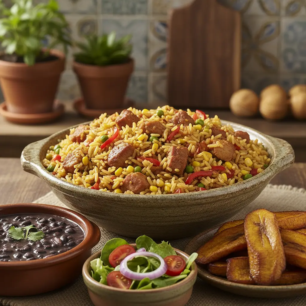 Auténtico plato cubano: arroz con cerdo Arroz con carne de puerco cubano, frijoles negros, maduros y ensalada.