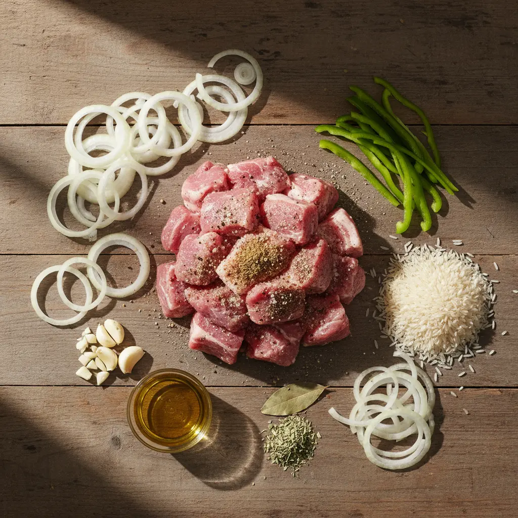 Arroz con Carne de Puerco Cubano: Ingredientes Ingredientes crudos para arroz con carne de puerco cubano: cerdo, arroz, cebolla, pimientos, ajo, aceite, laurel, orégano.