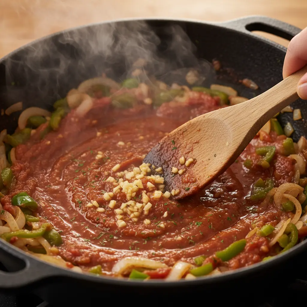 Sofrito aromático para Arroz con Cerdo Sofrito de cebolla, pimiento y ajo para arroz con carne de cerdo en caldero.