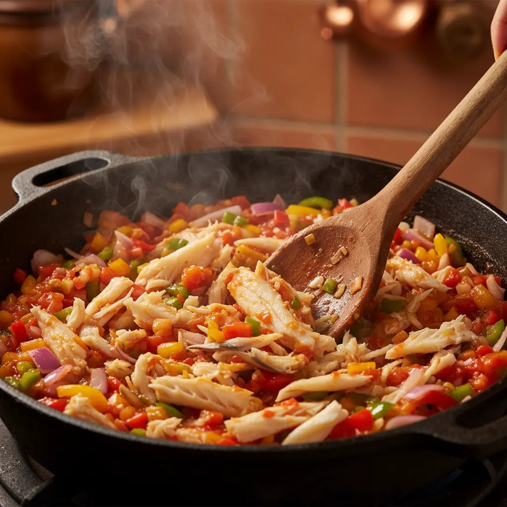 Bacalao desmenuzado y sofrito vibrante en caldero cubano. Cocina auténtica.