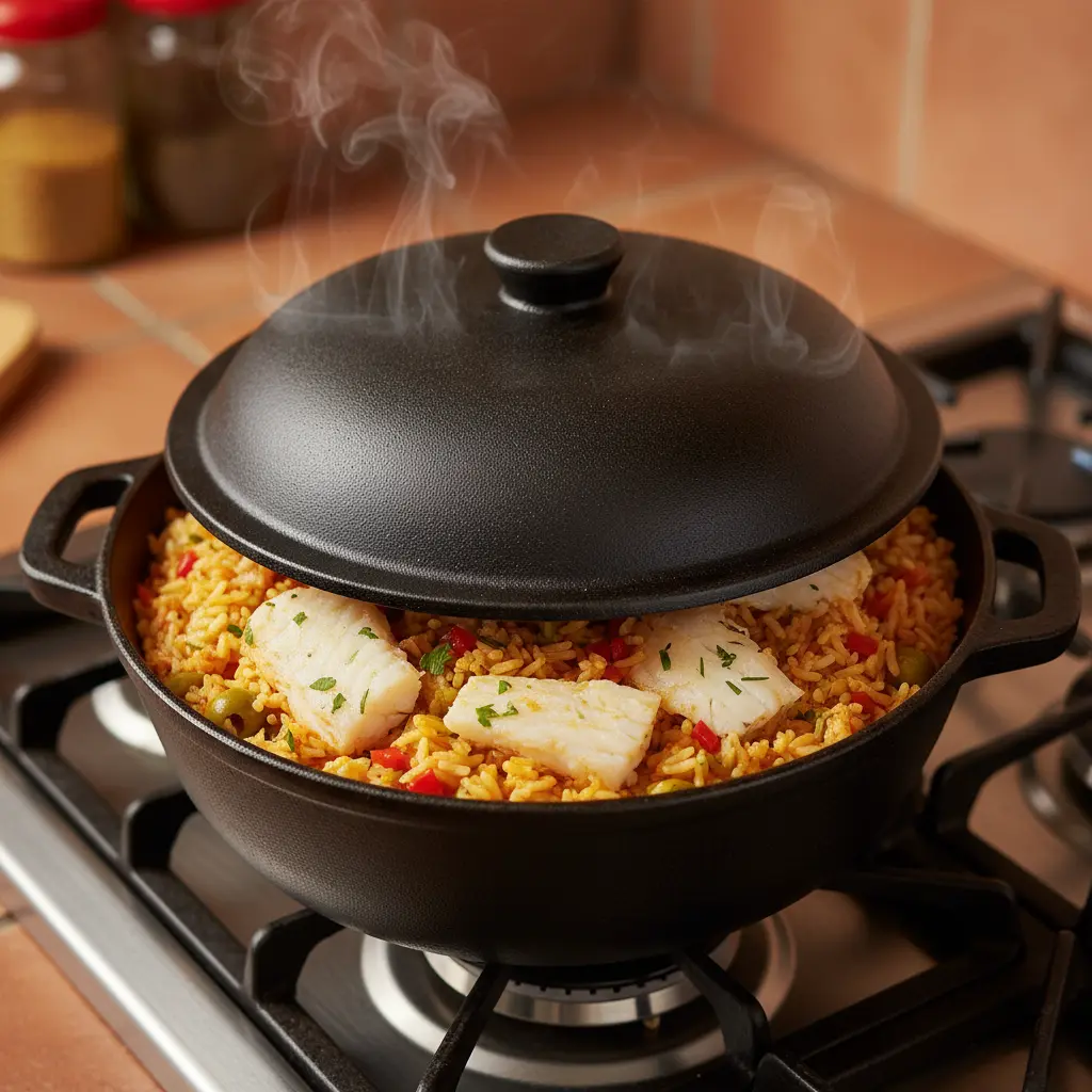 Caldero cubano con arroz con bacalao marinera, vapor escapando, cocina casera.