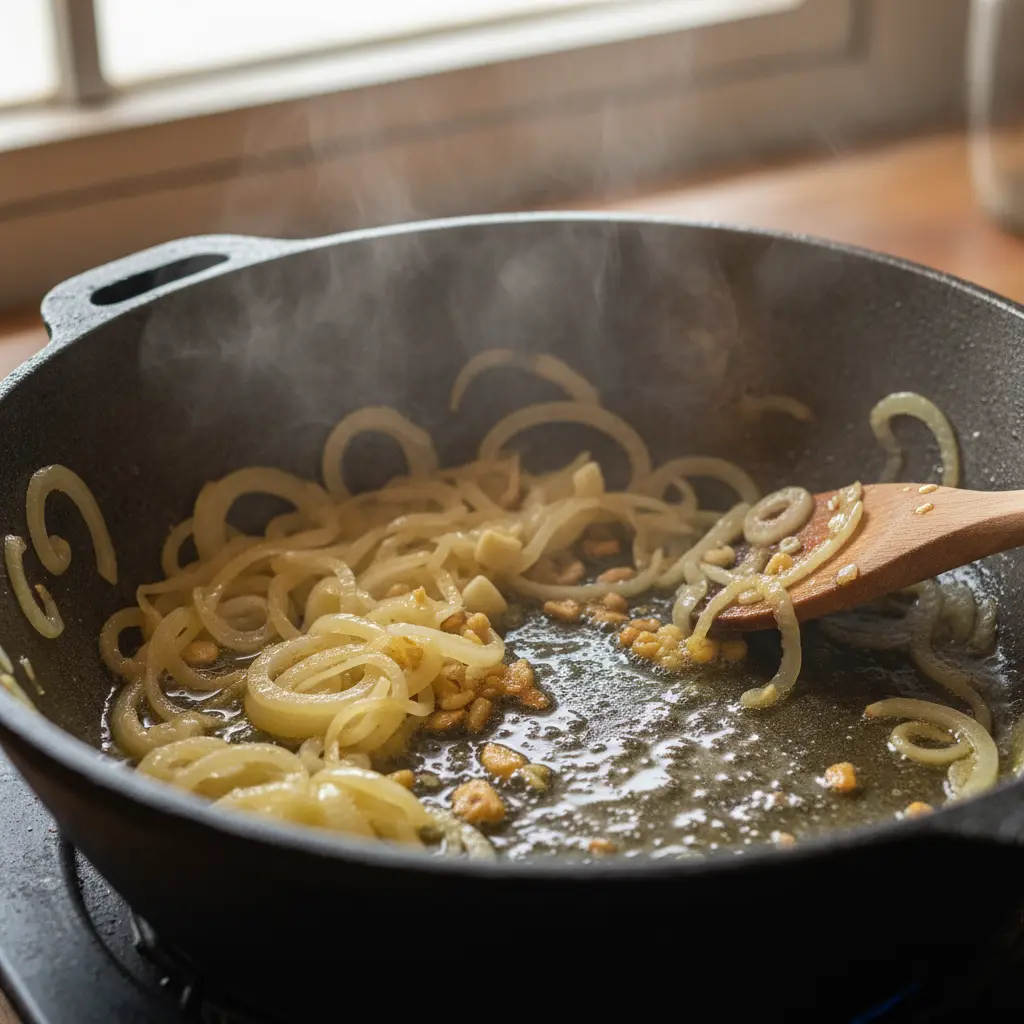 Cebolla y ajo dorándose en mantequilla en caldero cubano, vapor subiendo.
