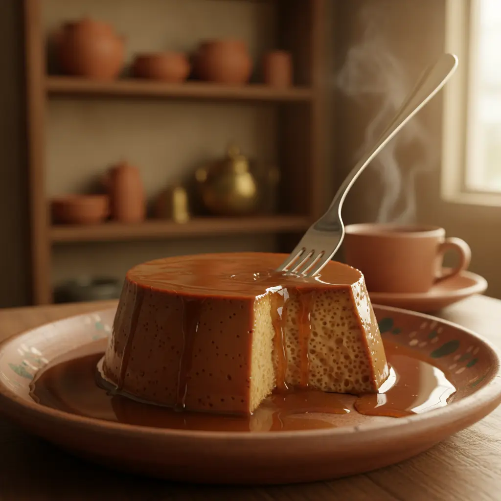 Delicioso flan cubano de chocolate con caramelo Flan de chocolate cubano con caramelo dorado en plato rústico, cortado con tenedor.